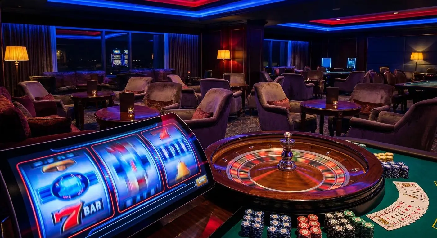 Variedad de juegos disponibles Composición con slots, ruleta y cartas en un entorno digital dinámico