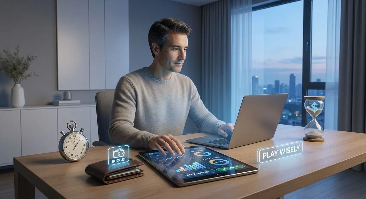 Juego responsable y control del bankroll Usuario gestionando presupuesto y tiempo en una sesión de juego responsable