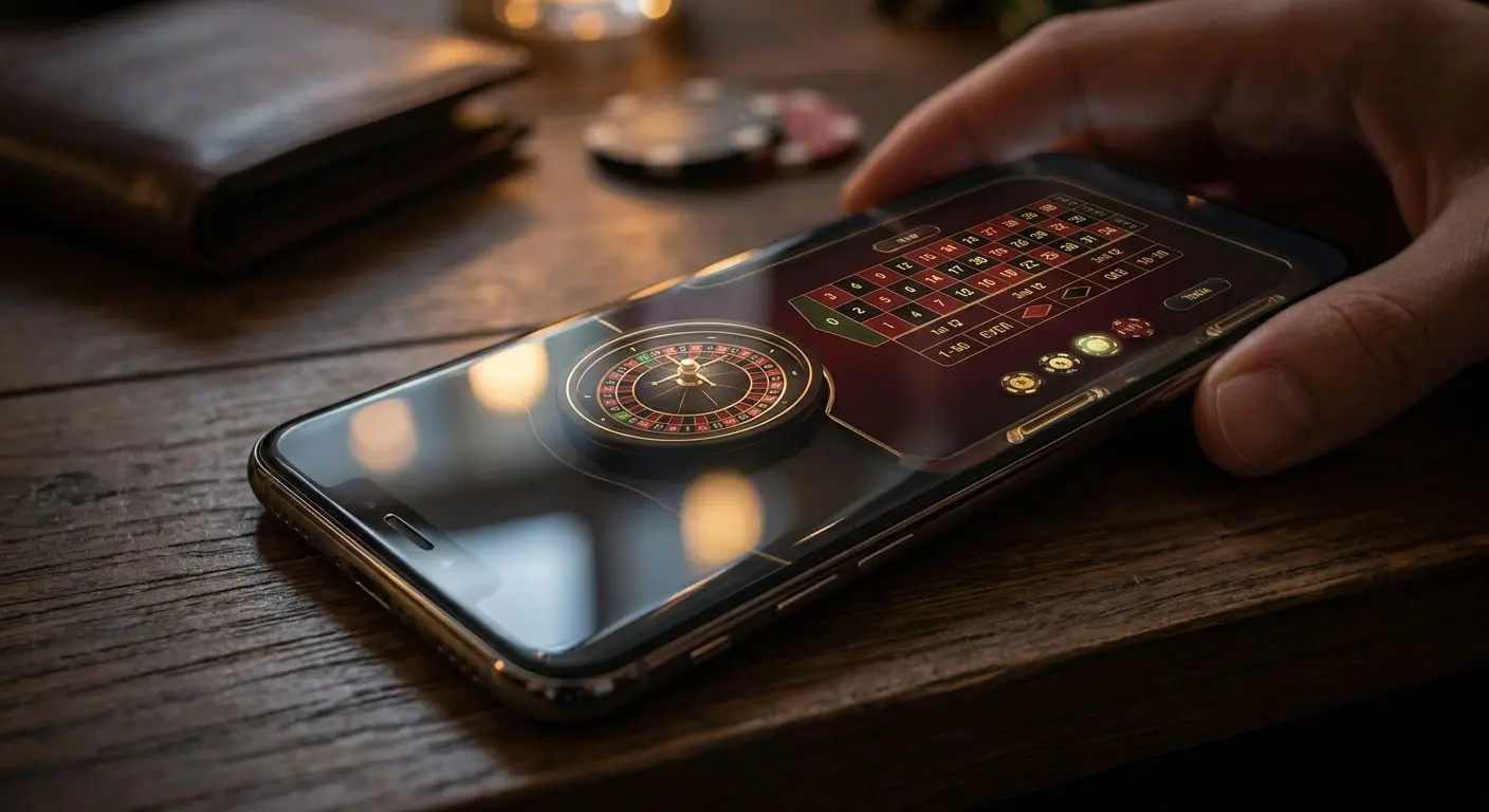 Interfaz de ruleta y juegos de casino en un smartphone