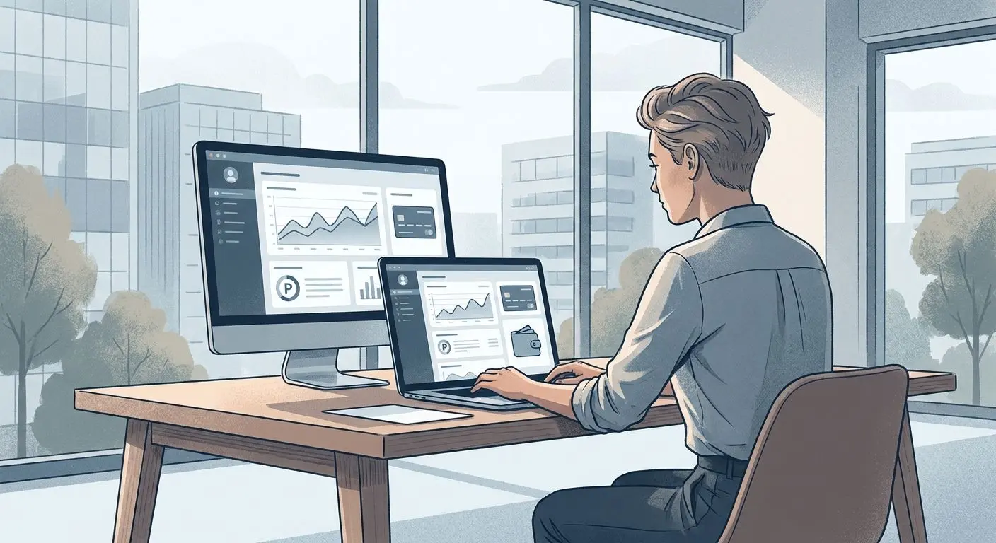 Ilustración neutra de un experto analizando métodos de pago online