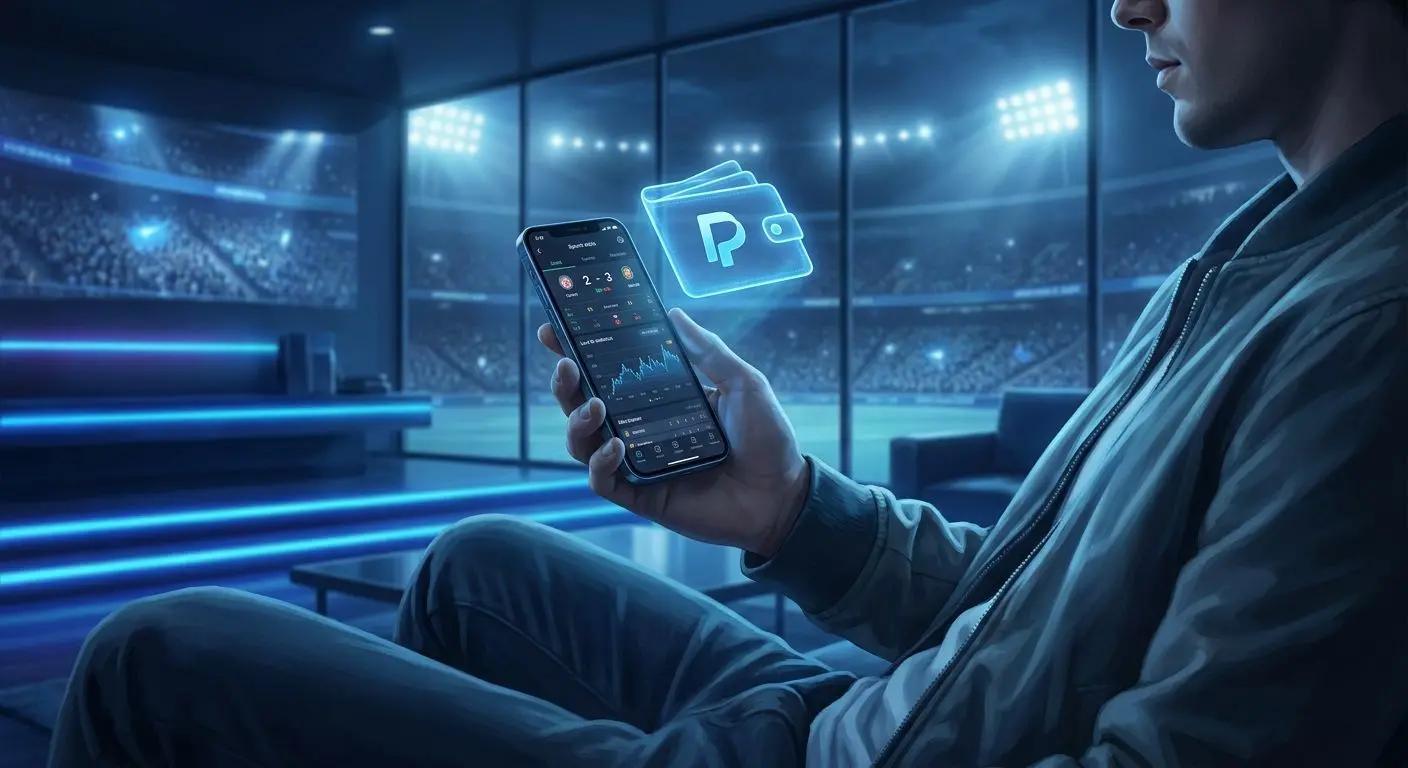 Usuario usando el móvil con icono de PayPal en un entorno deportivo digital