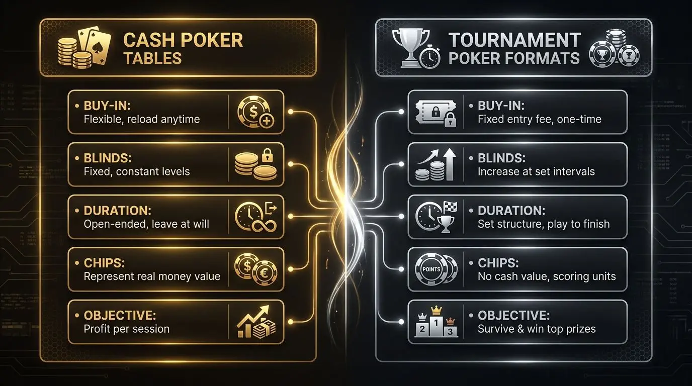 Comparativa visual entre mesas de cash y torneos de poker