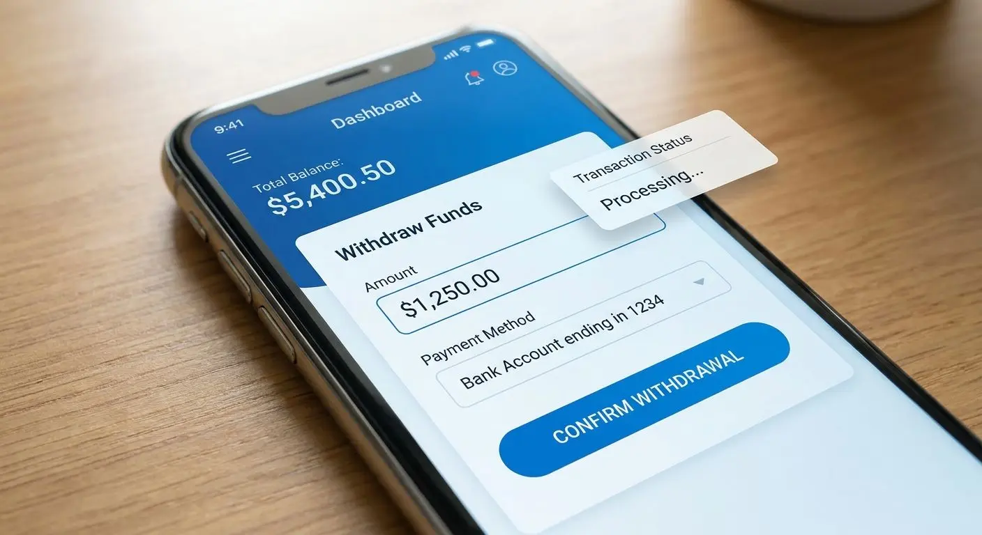 Proceso de retiro en una interfaz digital Interfaz de retiro online con importe y selección de método