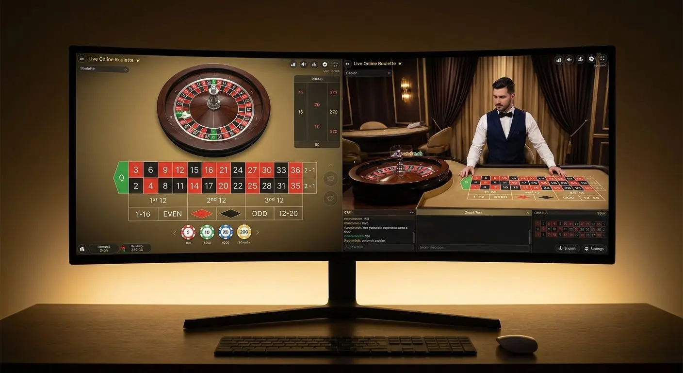 Interfaz de una mesa de ruleta en vivo en pantalla