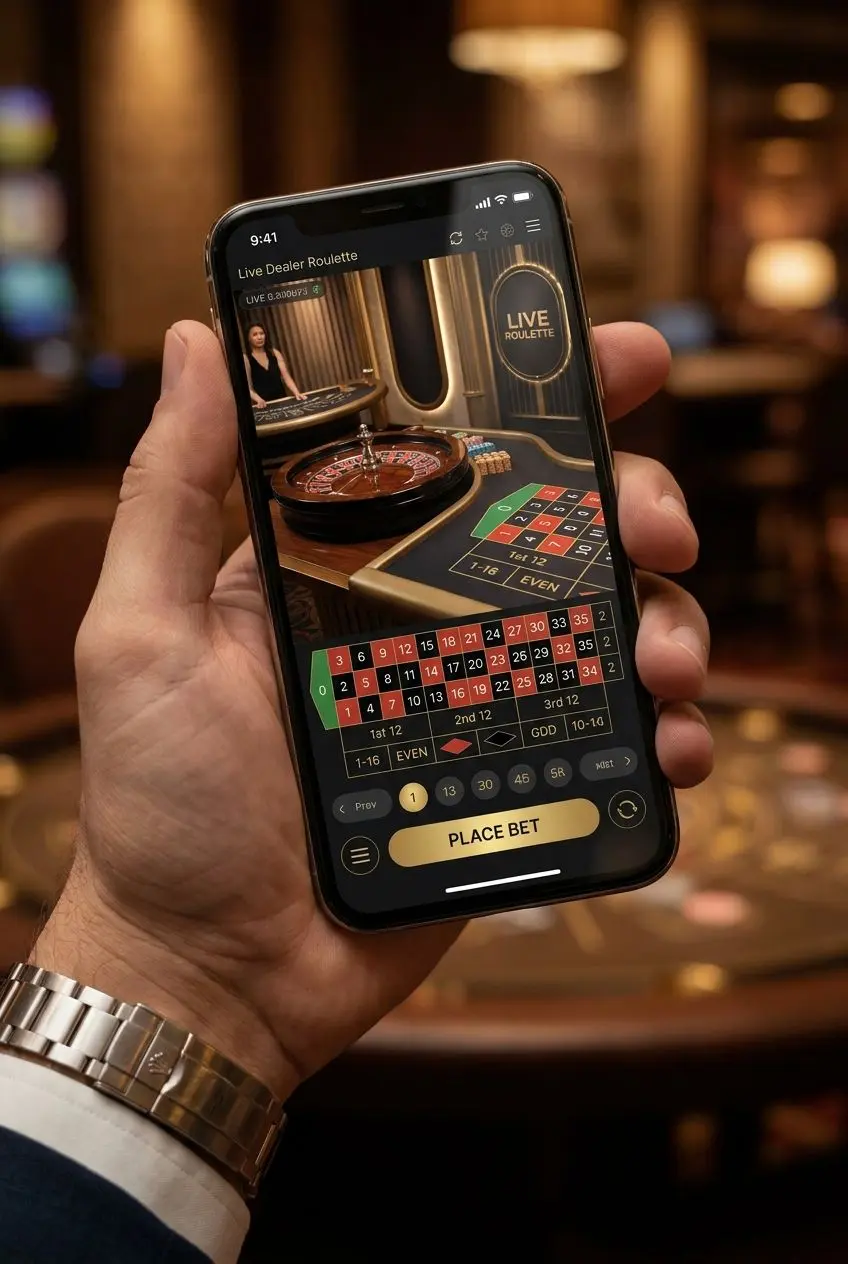 Móvil con una mesa de ruleta en vivo en pantalla