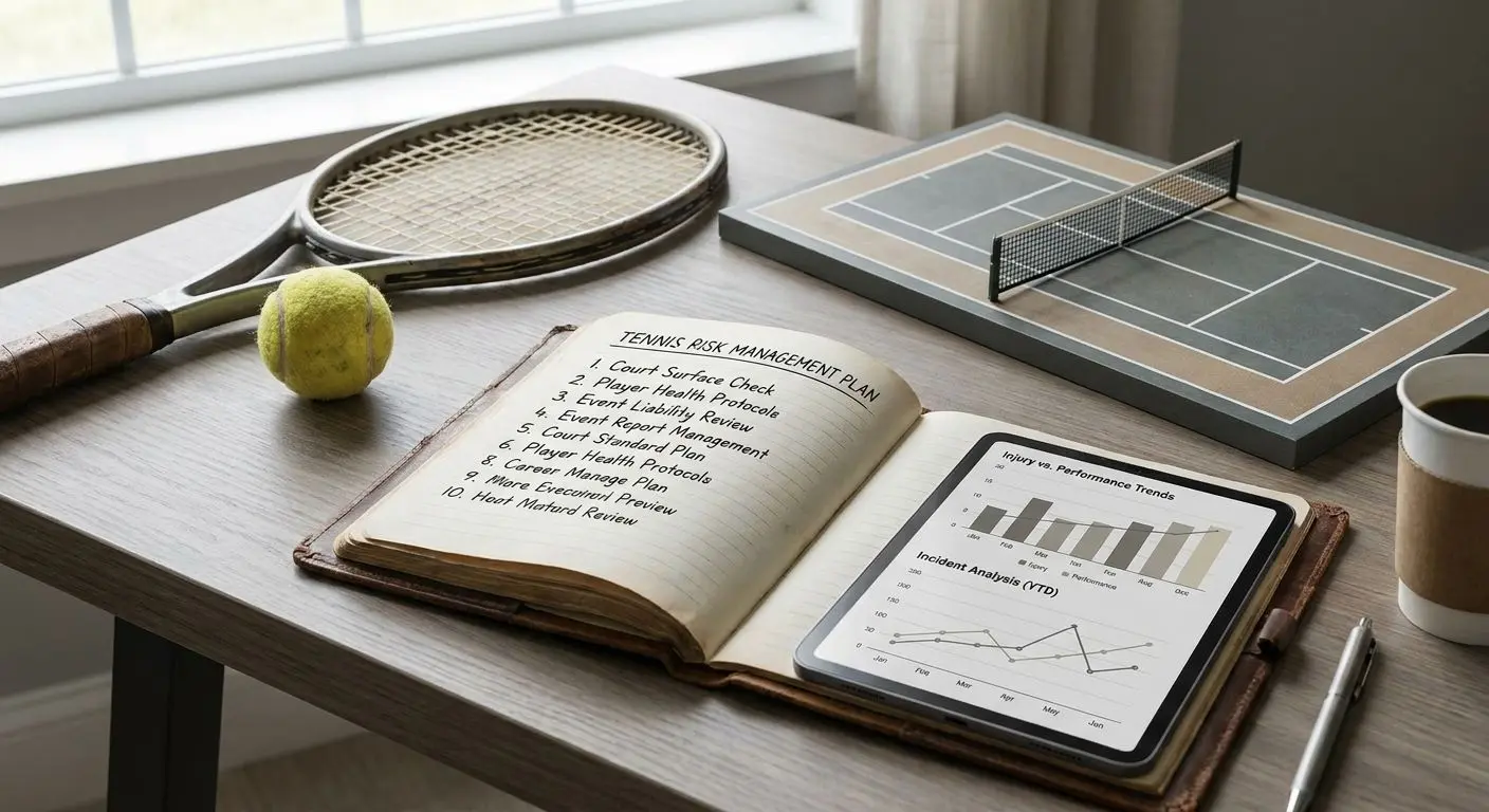 Ilustración de gestión del riesgo en tenis con checklist y gráficos