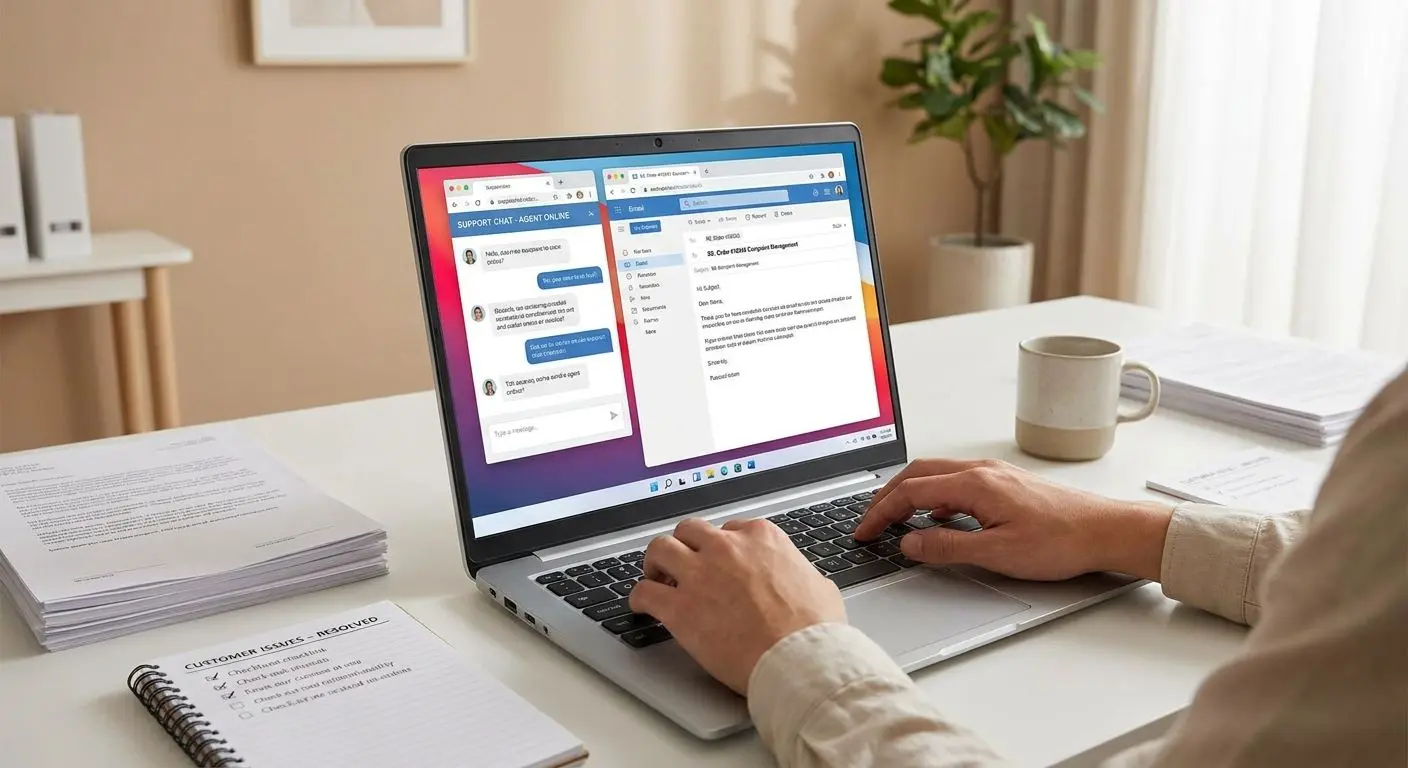 Usuario contactando soporte con documentos ordenados